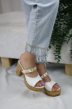 Kadın Mantar Topuklu Sandalet Terlik  Beyaz