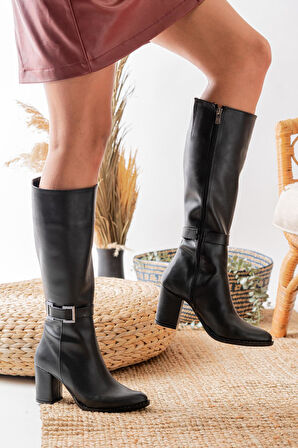 Kadın Lamor Siyah Tokalı Yandan Fermuarlı Diz Altı Çizme  siyah cilt