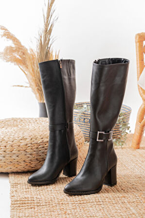 Kadın Lamor Siyah Tokalı Yandan Fermuarlı Diz Altı Çizme  siyah cilt