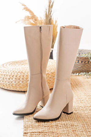 Kadın Lamor Yandan Fermuarlı Diz Altı Çizme  Krem cilt