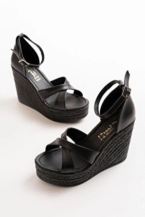 Kadın Verla Çapraz Bant Yüksek Topuklu Dolgu Taban Ayakkabı