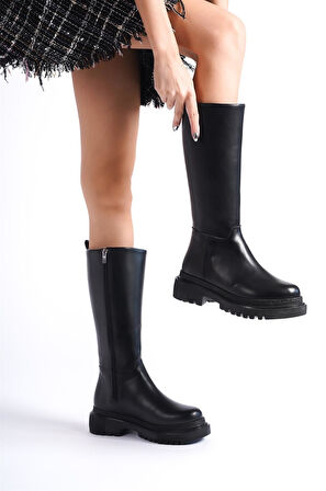 Kadın Kimbel Siyah Cilt Fermuarlı Kalın Taban Dizaltı Çizme 2303