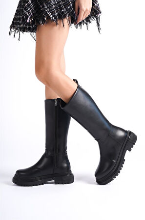 Kadın Kimbel Siyah Cilt Fermuarlı Kalın Taban Dizaltı Çizme 2303