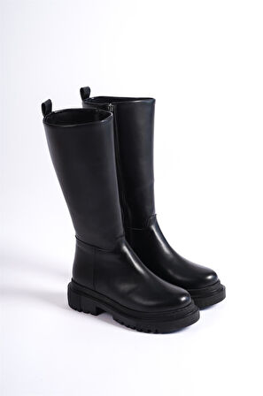 Kadın Kimbel Siyah Cilt Fermuarlı Kalın Taban Dizaltı Çizme 2303