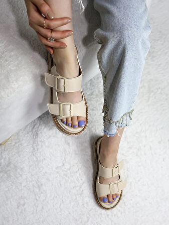 Kadın Çift Bantlı Kalın Taban Ortopedik Sandalet  Bej