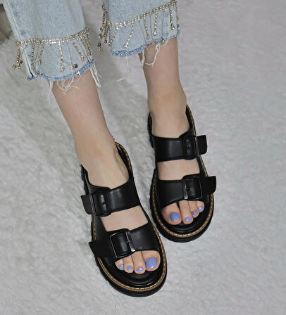 Kadın Çift Bantlı Kalın Taban Ortopedik Sandalet  Siyah