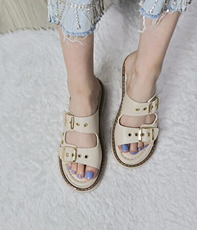 Kadın Çift Bant Kapsül Detaylı Kalın Taban Ortopedik Terlik  Bej