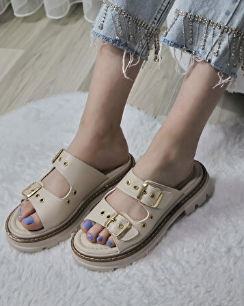 Kadın Çift Bant Kapsül Detaylı Kalın Taban Ortopedik Terlik  Bej