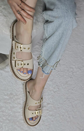 Kadın Çift Bant Kapsül Detaylı Kalın Taban Ortopedik Terlik  Bej