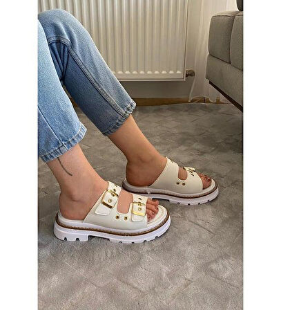 Kadın Çift Bant Kapsül Detaylı Kalın Taban Ortopedik Terlik  Beyaz