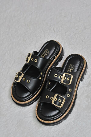 Kadın Çift Bant Kapsül Detaylı Kalın Taban Ortopedik Terlik  Siyah