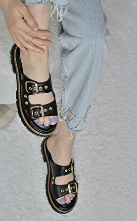 Kadın Çift Bant Kapsül Detaylı Kalın Taban Ortopedik Terlik  Siyah