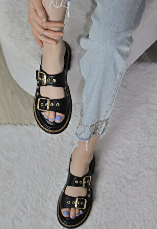 Kadın Çift Bant Kapsül Detaylı Kalın Taban Ortopedik Terlik  Siyah