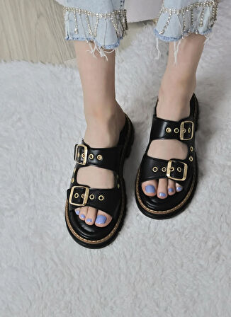 Kadın Çift Bant Kapsül Detaylı Kalın Taban Ortopedik Terlik  Siyah