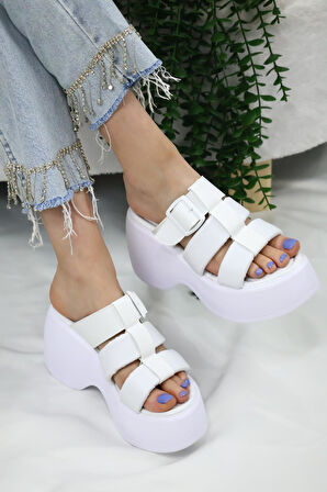 Kadın Mikeno Üç Biyeli Toka Detaylı Kalın Taban Ortopedik Terlik  Beyaz