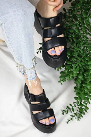 Kadın Mikeno Üç Biyeli Toka Detaylı Kalın Taban Ortopedik Terlik  Siyah