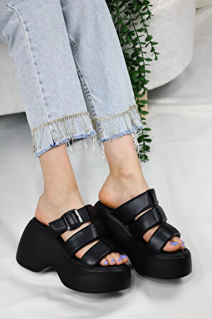 Kadın Mikeno Üç Biyeli Toka Detaylı Kalın Taban Ortopedik Terlik  Siyah