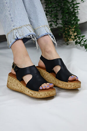 Kadın Elena Mantar Taban Ortopedik Sandelet  Siyah