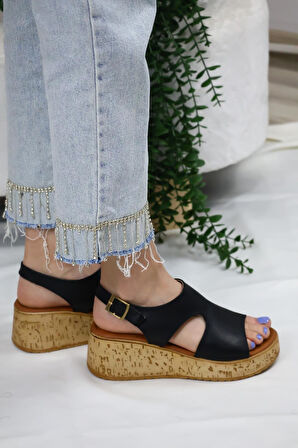 Kadın Elena Mantar Taban Ortopedik Sandelet  Siyah