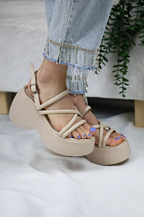 KADIN PARİS KALIN TABAN 9 CM ORTOPEDİK SANDALET  Bej