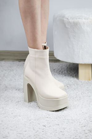 Kadın Latina12 Cm Platform Topuklu Fermuarlı Bot  Krem Cilt