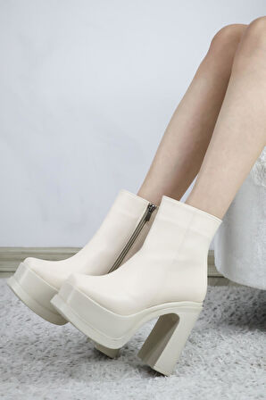 Kadın Latina12 Cm Platform Topuklu Fermuarlı Bot  Krem Cilt