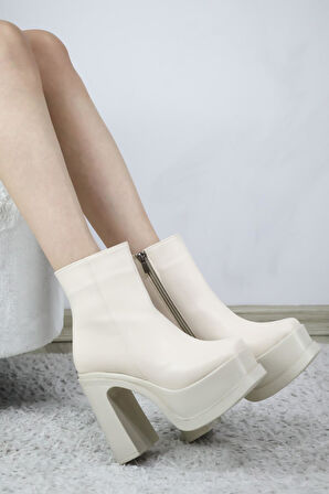 Kadın Latina12 Cm Platform Topuklu Fermuarlı Bot  Krem Cilt