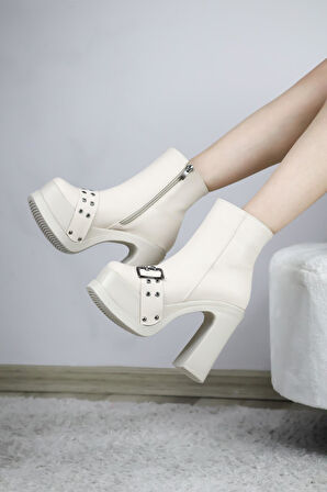 Kadın Latina12 Cm Platform Topuklu Fermuarlı Bot  Krem