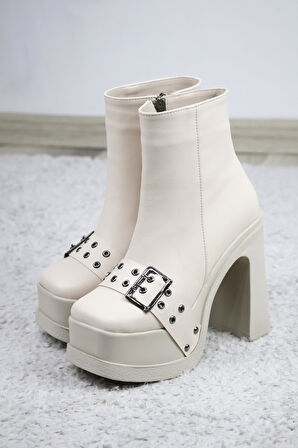 Kadın Latina12 Cm Platform Topuklu Fermuarlı Bot  Krem