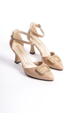 Kadın Tari Ten Cilt Bilekten Bağlamalı Kare Tokalı Yanı Acık Kadeh Topuklu Ayakkabı