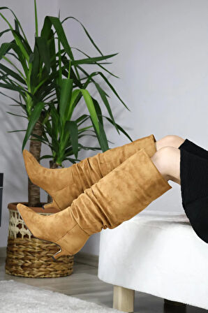 Kadın OSLO Topuklu Büzgülü Şık Tarz Günlük Rahat Çizme  Taba