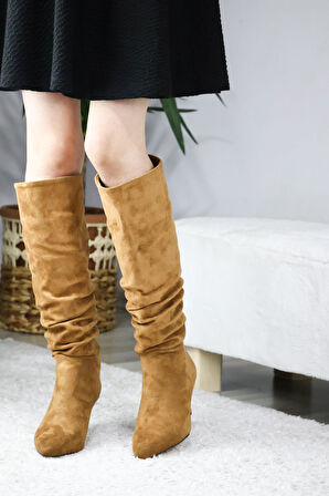 Kadın OSLO Topuklu Büzgülü Şık Tarz Günlük Rahat Çizme  Taba