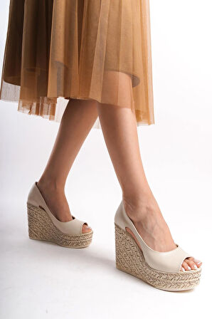 Kadın Beleon Krem Cilt 11 cm Platfomlu Dolgu Topuklu Ayakkabı