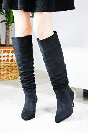 Kadın OSLO Topuklu Büzgülü Şık Tarz Günlük Rahat Çizme  Siyah Süet