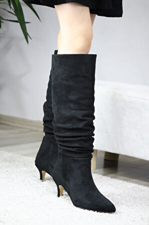 Kadın OSLO Topuklu Büzgülü Şık Tarz Günlük Rahat Çizme  Siyah Süet