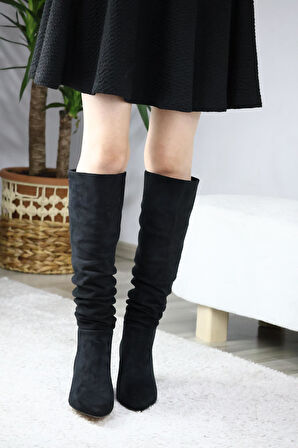 Kadın OSLO Topuklu Büzgülü Şık Tarz Günlük Rahat Çizme  Siyah Süet