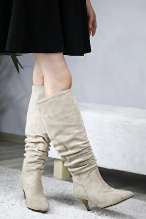 Kadın OSLO Topuklu Büzgülü Şık Tarz Günlük Rahat Çizme  Bej Süet