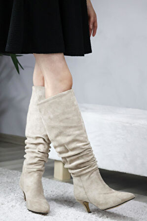 Kadın OSLO Topuklu Büzgülü Şık Tarz Günlük Rahat Çizme  Bej Süet