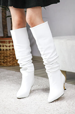 Kadın OSLO Topuklu Büzgülü Şık Tarz Günlük Rahat Çizme  Beyaz