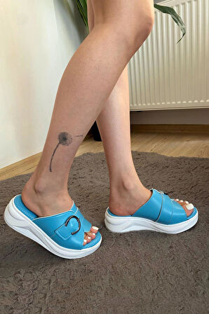 Kadın Reso Mavi Konfor Ortopedik Taban Tokalı Terlik 130