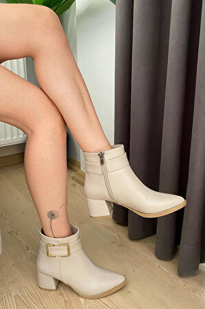 Kadın York Krem Cilt Kare Toka ( 6 cm ) Topuklu Sivri Burun Bot