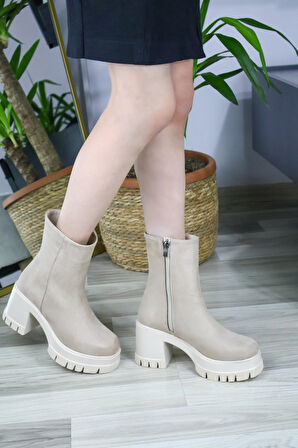 Kadın Leysi 8 Cm Platformlu Topuklu Fermuarlı Bot  Bej Süet