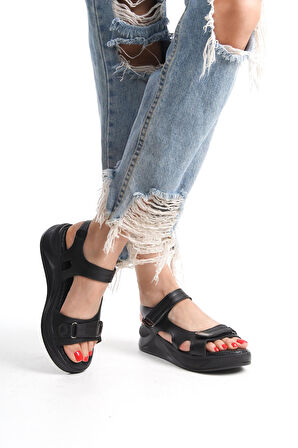 Kadın Aston Konfor Ortopedik Taban Cırtlı Sandalet  Siyah