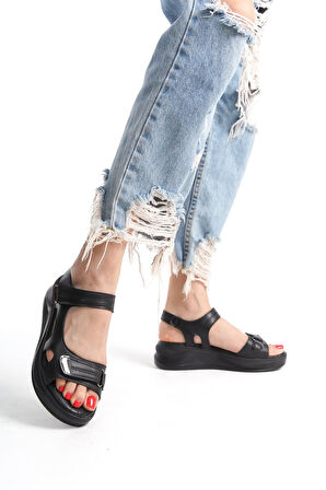 Kadın Aston Konfor Ortopedik Taban Cırtlı Sandalet  Siyah