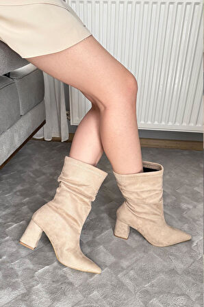 Kadın Nomire Deri Büzgülü Sivri Burun Kalın Topuklu Bot