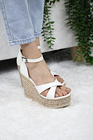 Kadın Çapraz Bantlı Dolgu Topuklu (11cm) Ayakkabı Rahat Yüksek Topuklu 700  Beyaz