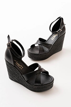 Kadın Çapraz Bantlı Dolgu Topuklu (11cm) Ayakkabı Rahat Yüksek Topuklu 700  Siyah