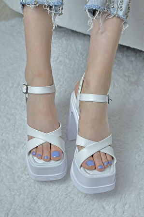 Kadın Çapraz Bantlı (12 cm) Platformlu Topuklu Ayakkabbı  Beyaz