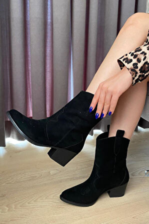 Kadın Vendy Siyah Süet Kısa Topuklu Kovboy Bot