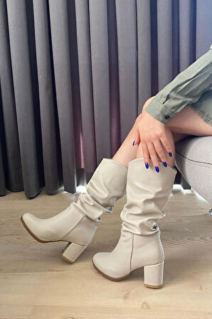 Kadın Azra Krem Cilt Körüklü Çizme